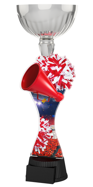 
Cheerleading-Pokal ACUPC 38 S in Silber mit rotem Megafon, rot-weißem
Pompon, Arena-Motiv auf geschwungenem Acryl und schwarzem Gravursockel. 
Ideal als Auszeichnung für Cheerleading-Wettbewerbe und Siegerehrungen.