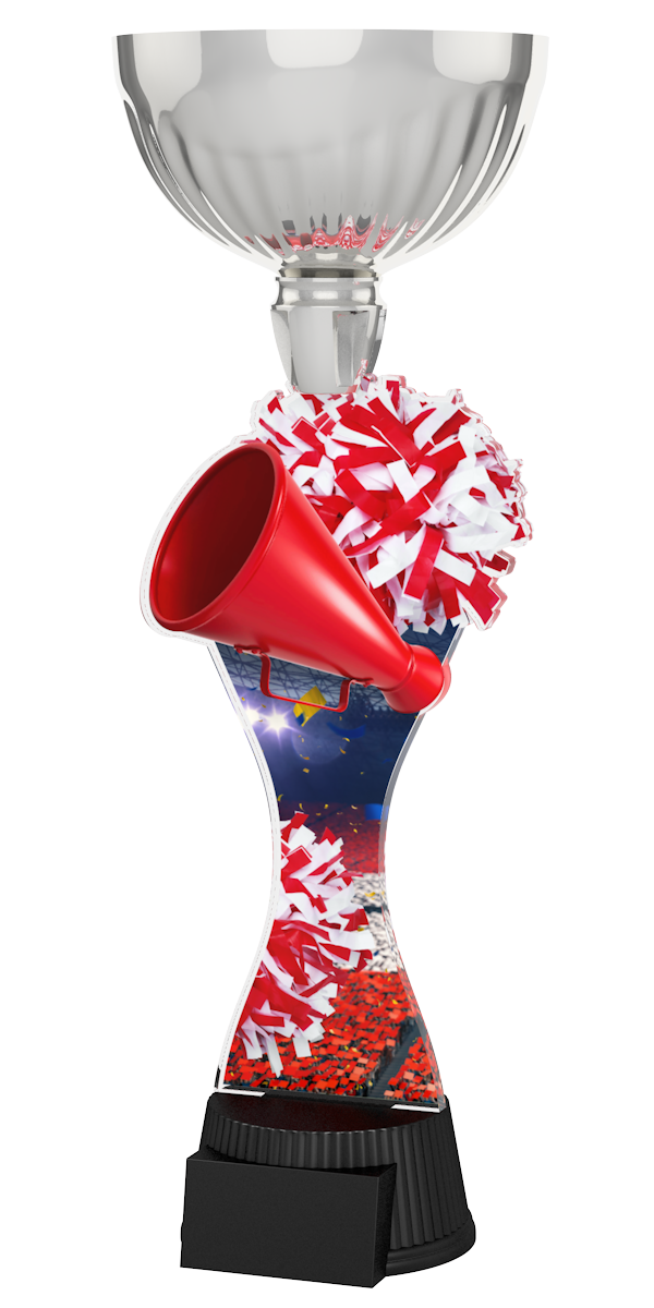 
Cheerleading-Pokal ACUPC 38 S in Silber mit rotem Megafon, rot-weißem
Pompon, Arena-Motiv auf geschwungenem Acryl und schwarzem Gravursockel. 
Ideal als Auszeichnung für Cheerleading-Wettbewerbe und Siegerehrungen.