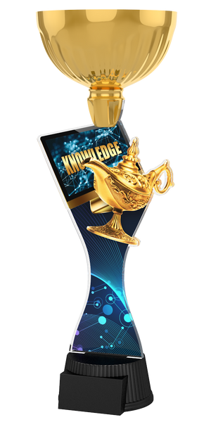 Wissens-Pokal ACUPC 39 G in Gold mit goldener Wunderlampe,
Knowledge-Schriftzug, digitalem Netzwerkmotiv auf geschwungenem
Acryl und schwarzem Gravursockel. Ideal als Auszeichnung für
Quizwettbewerbe und Siegerehrungen.