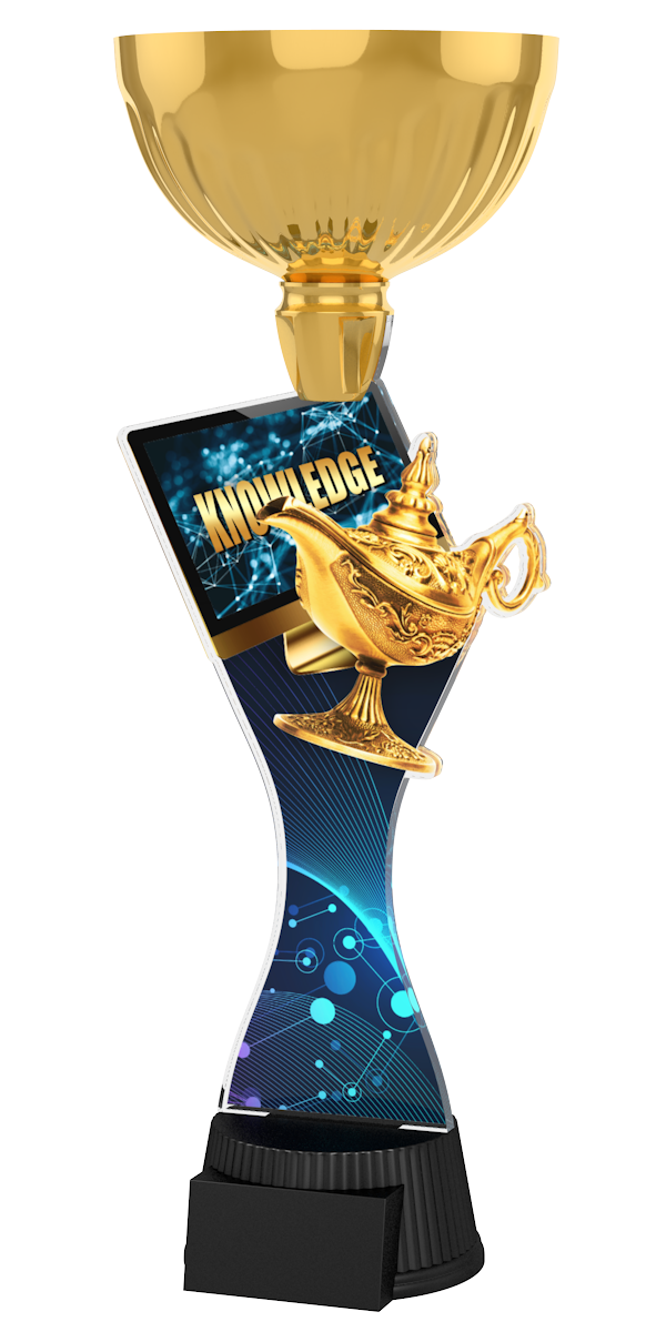 Wissens-Pokal ACUPC 39 G in Gold mit goldener Wunderlampe,
Knowledge-Schriftzug, digitalem Netzwerkmotiv auf geschwungenem
Acryl und schwarzem Gravursockel. Ideal als Auszeichnung für
Quizwettbewerbe und Siegerehrungen.