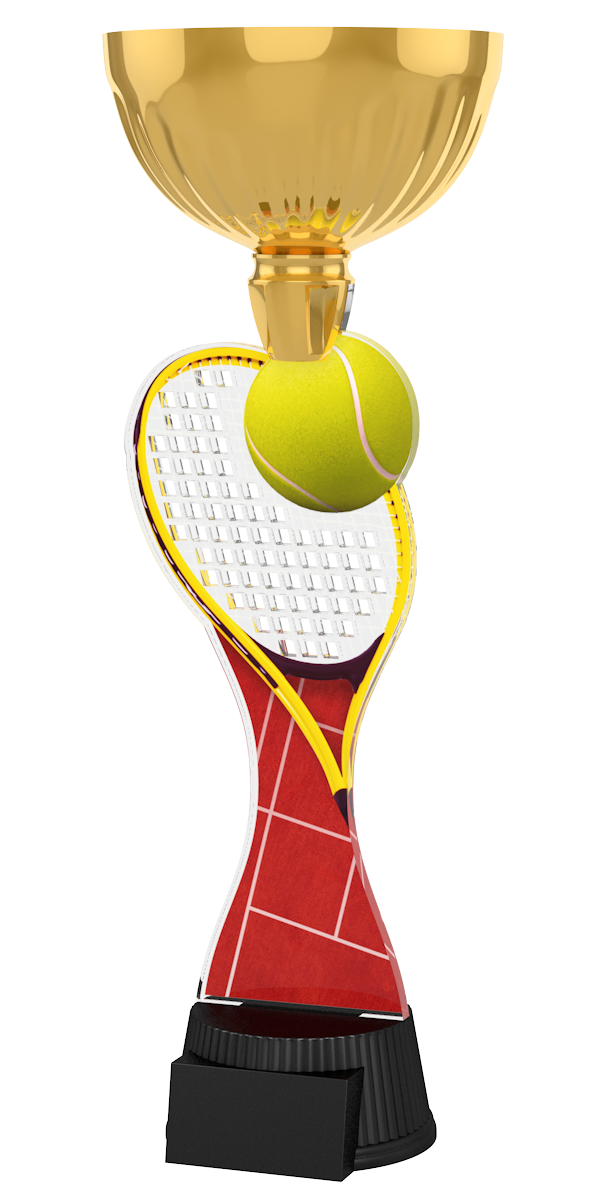 Tennis-Pokal ACUPC 3 G in Gold mit gelbem Tennisball, transparentem
Schläger-Motiv, rotem Sandplatz-Design auf dem Schaft und schwarzem
Sockel. Ideal als Auszeichnung für Tennisturniere und Siegerehrungen.