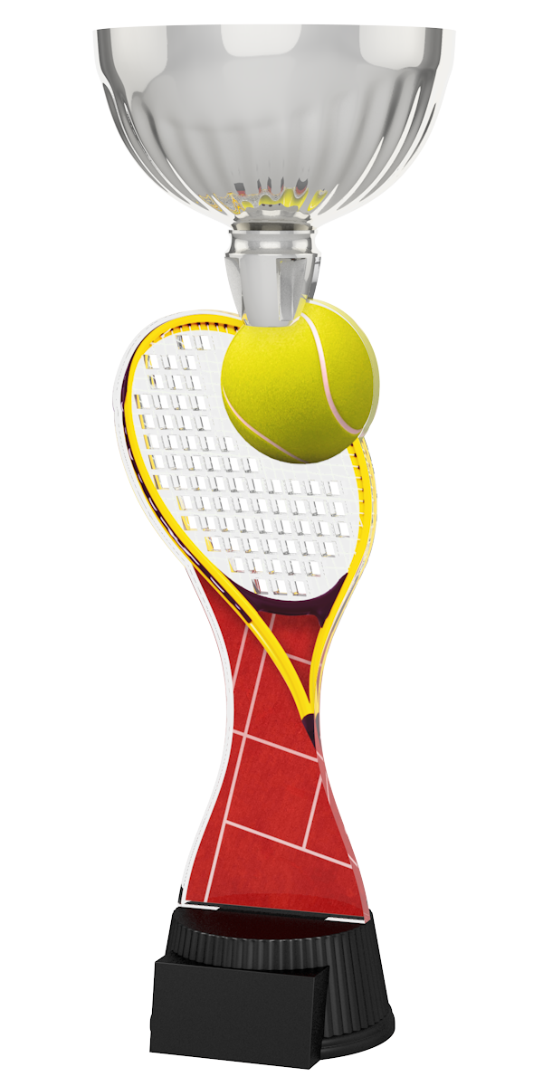 Tennis-Pokal ACUPC 3 S in Silber mit gelbem Tennisball, transparentem
Schläger-Motiv, rotem Sandplatz-Design auf dem Schaft und schwarzem
Sockel. Ideal als Auszeichnung für Tennisturniere und Siegerehrungen.