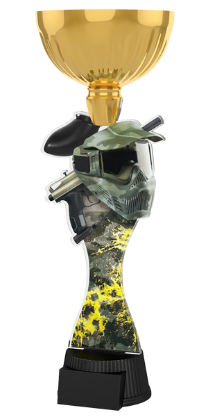 Paintball-Pokal ACUPC 42 G in Gold mit Camouflage-Schutzmaske,
Markierer, Farbspritzer-Motiv auf geschwungenem Acryl und
schwarzem Gravursockel. Ideal als Auszeichnung für Paintball-Turniere
und Siegerehrungen.
