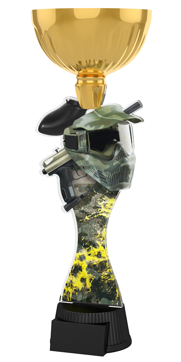 Paintball-Pokal ACUPC 42 G in Gold mit Camouflage-Schutzmaske,
Markierer, Farbspritzer-Motiv auf geschwungenem Acryl und
schwarzem Gravursockel. Ideal als Auszeichnung für Paintball-Turniere
und Siegerehrungen.