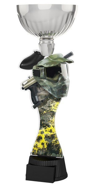 Paintball-Pokal ACUPC 42 S in Silber mit Camouflage-Schutzmaske, Markierer,
Farbspritzer-Motiv auf geschwungenem Acryl und schwarzem Gravursockel. Ideal
als Auszeichnung für Paintball-Turniere und Siegerehrungen.