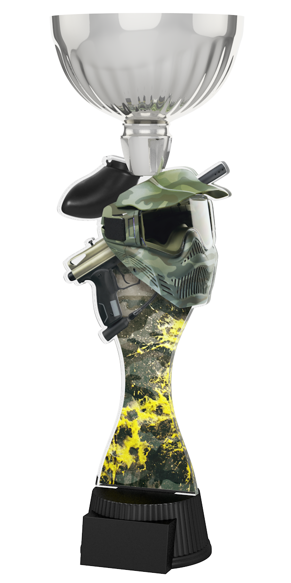 Paintball-Pokal ACUPC 42 S in Silber mit Camouflage-Schutzmaske, Markierer,
Farbspritzer-Motiv auf geschwungenem Acryl und schwarzem Gravursockel. Ideal
als Auszeichnung für Paintball-Turniere und Siegerehrungen.