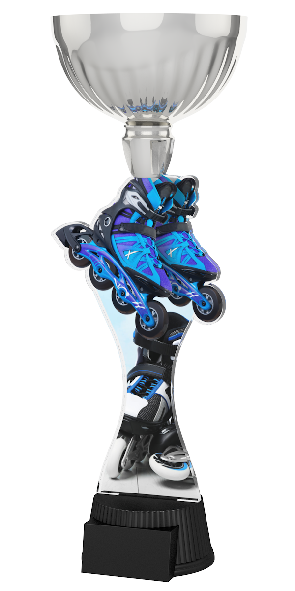 Silberener Inlineskating-Pokal ACUPC 43 S aus Acryl mit Inlineskates-Motiv
und schwarzem Gravursockel.