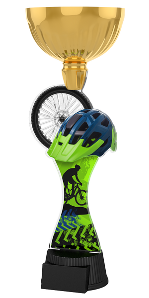 Goldener Radsport-Pokal ACUPC 47 G aus Acryl mit Mountainbike-
Helmmotiv, Laufrad und schwarzem Gravursockel.
