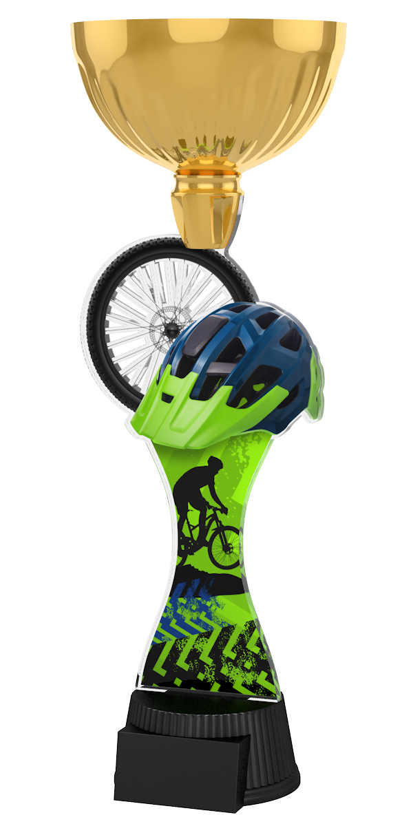 Goldener Radsport-Pokal ACUPC 47 G aus Acryl mit Mountainbike-
Helmmotiv, Laufrad und schwarzem Gravursockel.