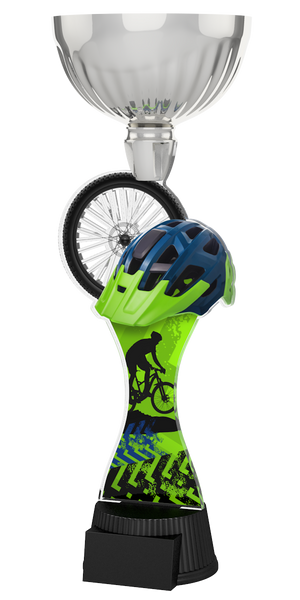 Silberener Radsport-Pokal ACUPC 47 S aus Acryl mit Mountainbike-Helmmotiv,
Laufrad und schwarzem Gravursockel.