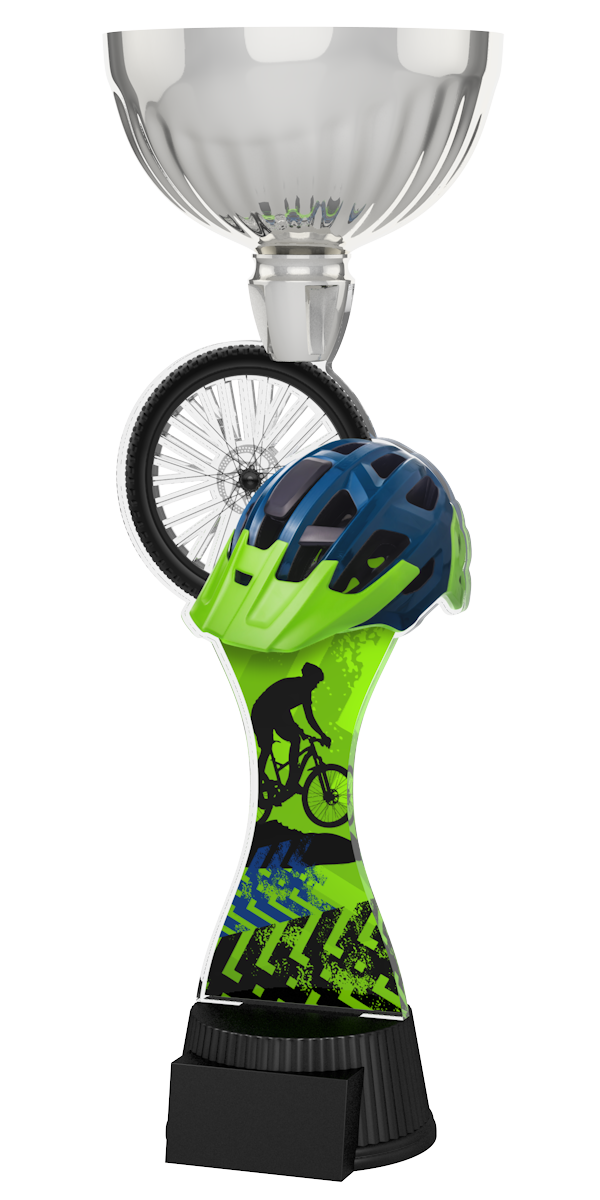 Silberener Radsport-Pokal ACUPC 47 S aus Acryl mit Mountainbike-Helmmotiv,
Laufrad und schwarzem Gravursockel.