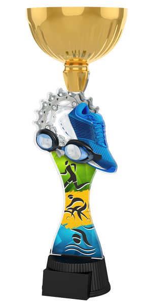Goldener Triathlon-Pokal ACUPC 48 G aus Acryl mit Laufschuh-,
Zahnkranz- und Schwimmbrillen-Motiv auf schwarzem Gravursockel.