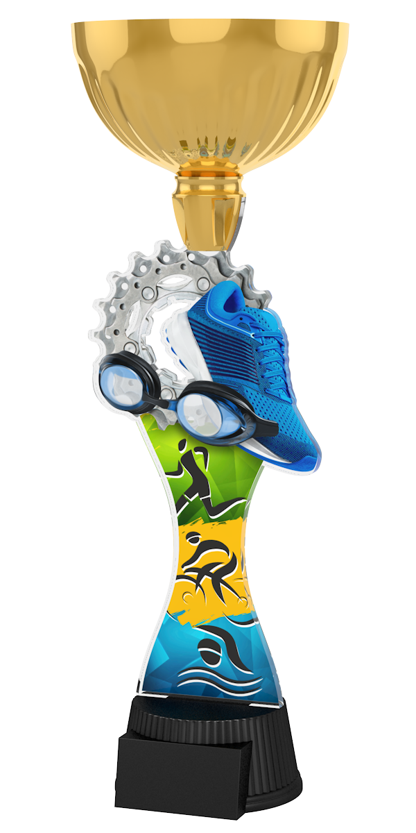 Goldener Triathlon-Pokal ACUPC 48 G aus Acryl mit Laufschuh-,
Zahnkranz- und Schwimmbrillen-Motiv auf schwarzem Gravursockel.