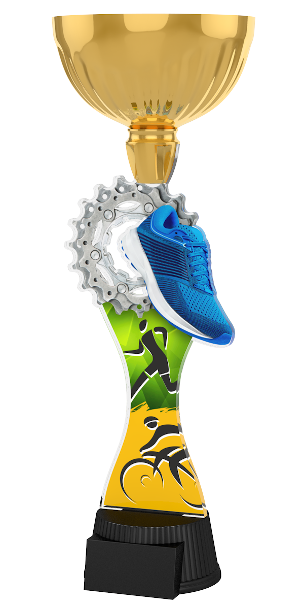 Goldener Duathlon-Pokal ACUPC 49 G aus Acryl mit Laufschuh- und
 Zahnkranz-Motiv auf schwarzem Sockel.