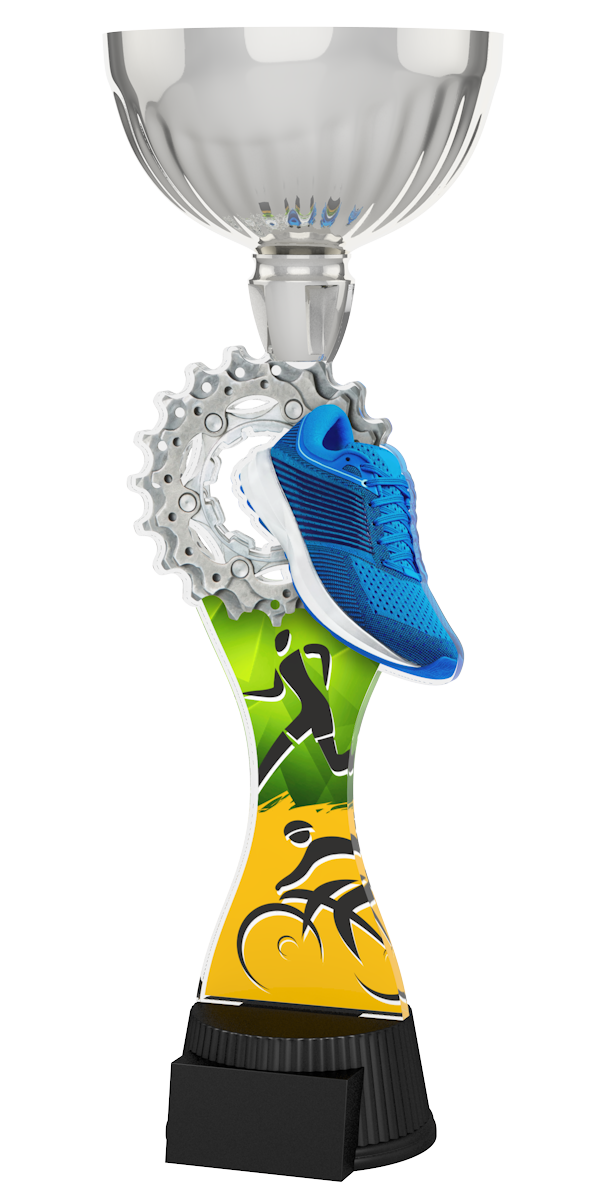 Silberener Duathlon-Pokal ACUPC 49 S aus Acryl mit Laufschuh- und
Zahnkranz-Motiv auf schwarzem Gravursockel.