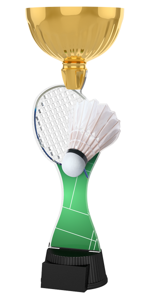 Acryl-Trophäe ACUPC 4 G für Badminton mit goldener Schale, grünem
Spielfeld-Design, Schläger, Federball und schwarzem Sockel für Gravuren.