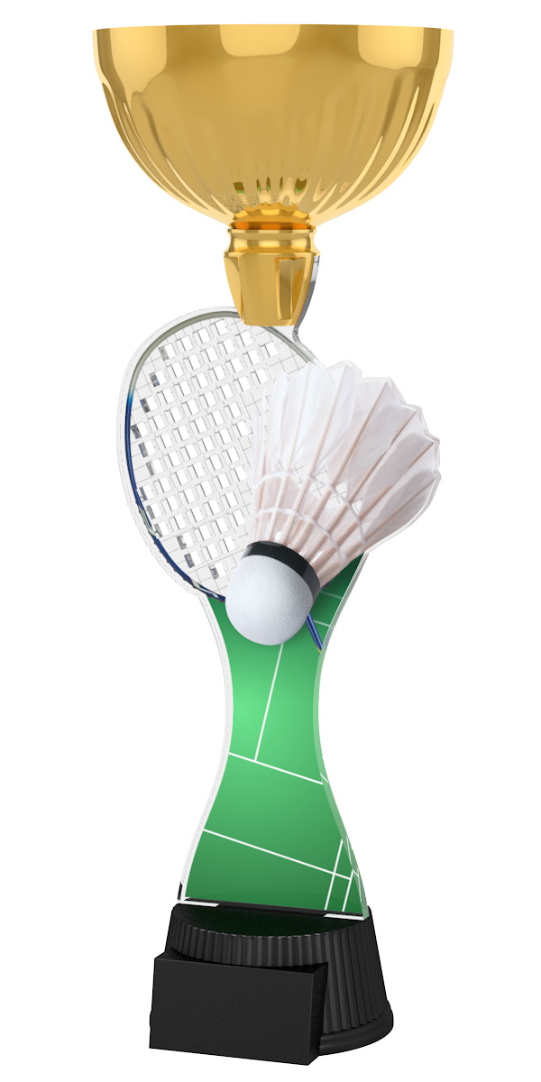 Acryl-Trophäe ACUPC 4 G für Badminton mit goldener Schale, grünem
Spielfeld-Design, Schläger, Federball und schwarzem Sockel für Gravuren.