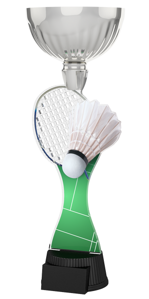 Badminton-Trophäe ACUPC 4 S mit Silberener Schale, grünem
Spielfeld-Design, Schläger, Federball und schwarzem Sockel für Gravuren.