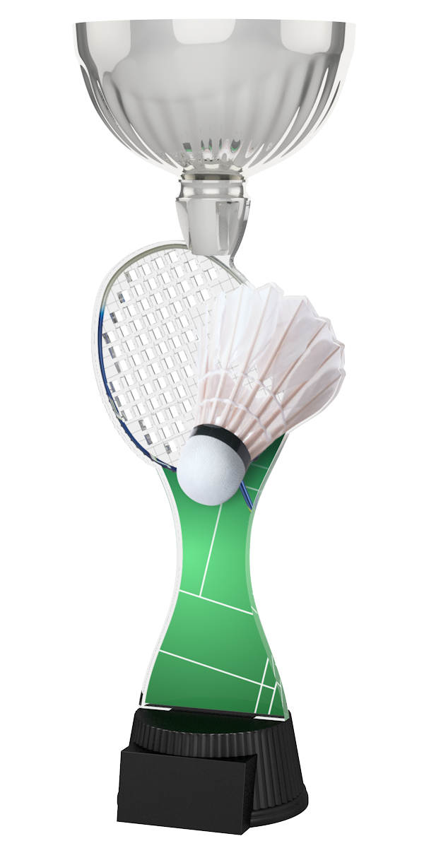 Badminton-Trophäe ACUPC 4 S mit Silberener Schale, grünem
Spielfeld-Design, Schläger, Federball und schwarzem Sockel für Gravuren.