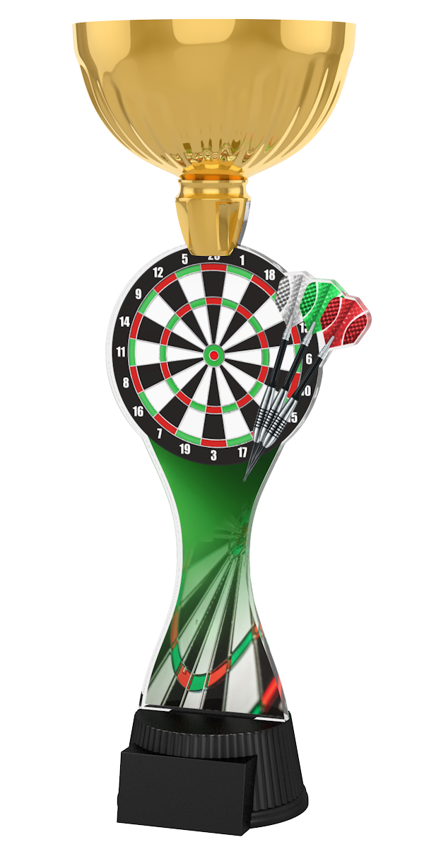 Acryl-Trophäe ACUPC 5 G Gold für Darts mit prächtiger Dartscheibe,
drei Dartpfeilen, eleganter goldener Schale und schwarzem Sockel für
Gravuren.