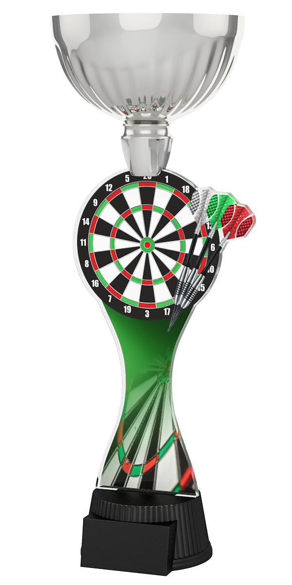 Acryl-Trophäe ACUPC 5 S Silber für Darts mit prächtiger Dartscheibe,
drei Dartpfeilen, eleganter Silberener Schale und schwarzem Sockel für
Gravuren.