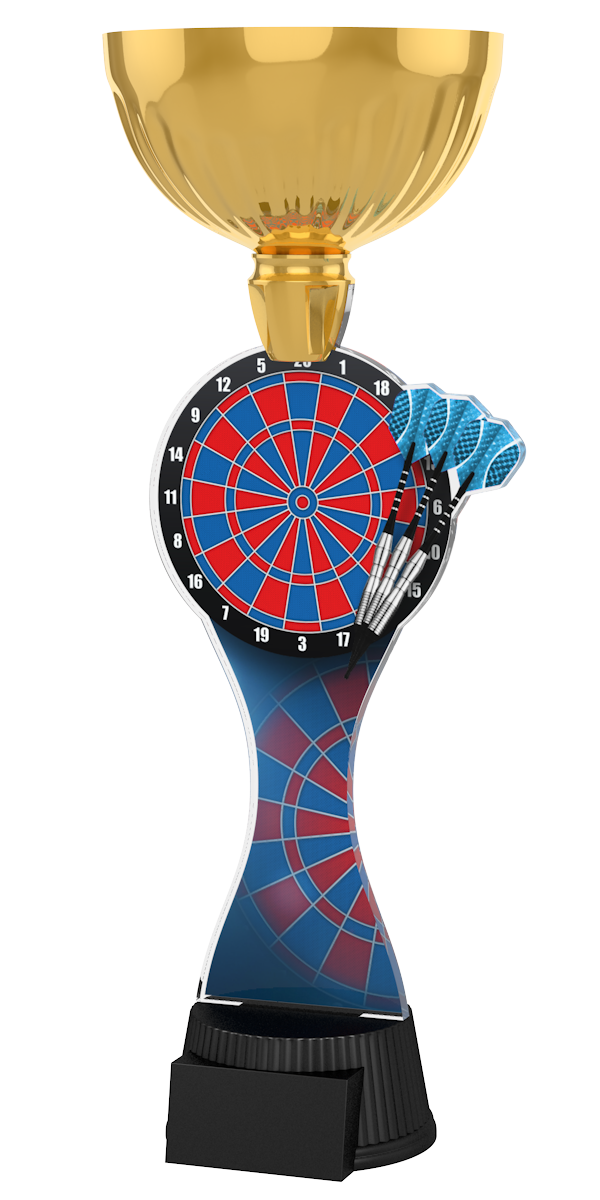 Dart-Pokal ACUPC 6 G in Gold mit rot-blauer Dartscheibe, drei blauen
Dartpfeilen, blauem Schaftmotiv und schwarzem Sockel. Ideal als
Auszeichnung für Dartturniere und Siegerehrungen.