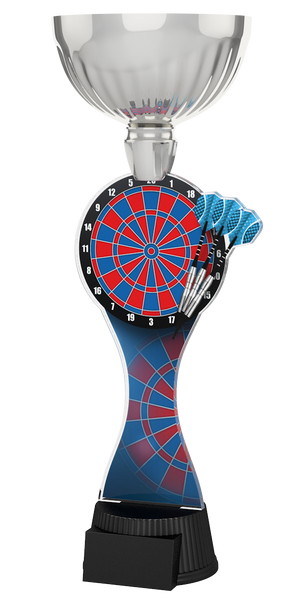Dart-Pokal ACUPC 6 S in Silber mit rot-blauer Dartscheibe, drei blauen
Dartpfeilen, blauem Schaftmotiv und schwarzem Sockel für Gravuren. 
Ideal als Auszeichnung für Dartturniere und Siegerehrungen.