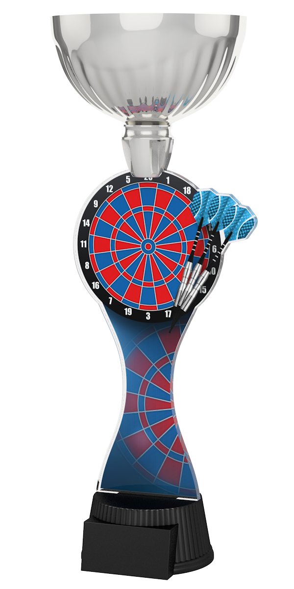 Dart-Pokal ACUPC 6 S in Silber mit rot-blauer Dartscheibe, drei blauen
Dartpfeilen, blauem Schaftmotiv und schwarzem Sockel für Gravuren. 
Ideal als Auszeichnung für Dartturniere und Siegerehrungen.