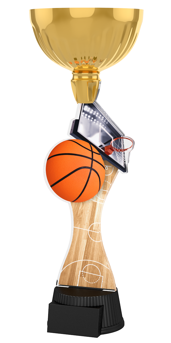 Basketball-Pokal ACUPC 7 G in Gold mit orangefarbenem Basketball, 
Basketballkorb mit Brett, geschwungenem Schaft in Parkett-Holzoptik mit 
Spielfeldlinien und schwarzem Sockel. Ideal als Auszeichnung für
Basketballturniere und Siegerehrungen.