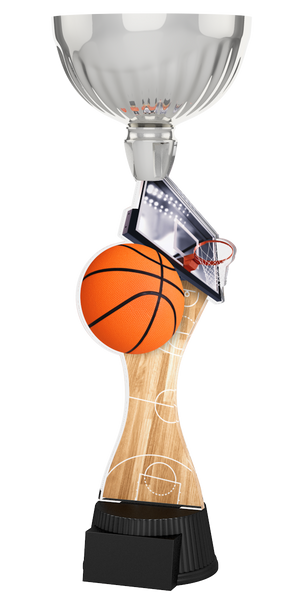Basketball-Pokal ACUPC 7 S in Silber mit orangefarbenem Basketball, 
Basketballkorb mit Brett, geschwungenem Schaft in Parkett-Holzoptik mit 
Spielfeldlinien und schwarzem Sockel für Gravuren. Ideal als Auszeichnung für
Basketballturniere und Siegerehrungen.