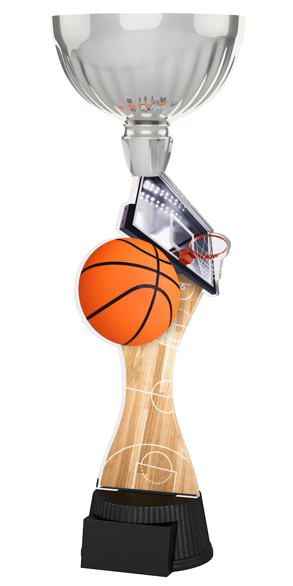 Basketball-Pokal ACUPC 7 S in Silber mit orangefarbenem Basketball, 
Basketballkorb mit Brett, geschwungenem Schaft in Parkett-Holzoptik mit 
Spielfeldlinien und schwarzem Sockel für Gravuren. Ideal als Auszeichnung für
Basketballturniere und Siegerehrungen.