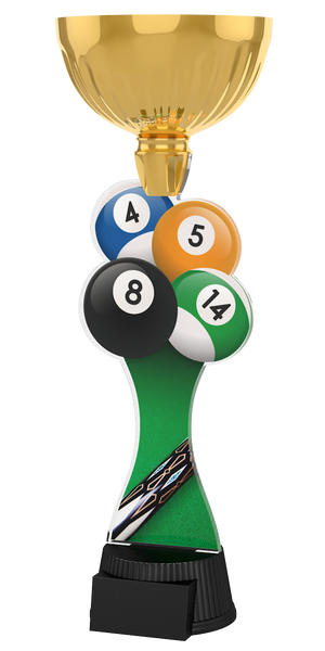 Edle Trophäe im Billard-Design mit goldfarbenem Kelch, bunten Billardkugeln
(unter anderem der riegelartigen 8er-Kugel), grünem Schaft mit Billardqueue-
Motiv und schwarzem Sockel. Perfekt für Auszeichnungen, Ehrungen und 
Billardturniere.