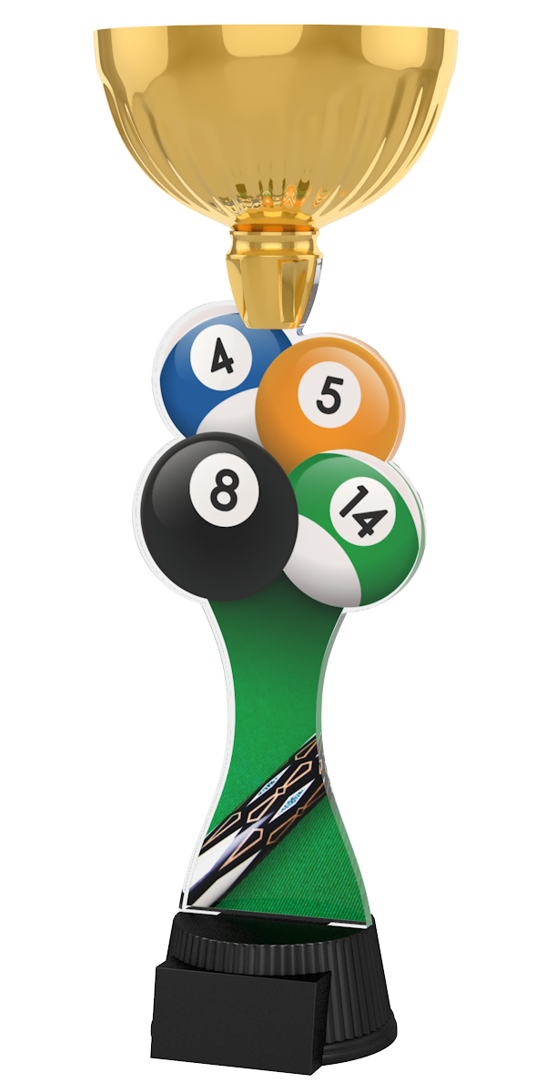Edle Trophäe im Billard-Design mit goldfarbenem Kelch, bunten Billardkugeln
(unter anderem der riegelartigen 8er-Kugel), grünem Schaft mit Billardqueue-
Motiv und schwarzem Sockel. Perfekt für Auszeichnungen, Ehrungen und 
Billardturniere.