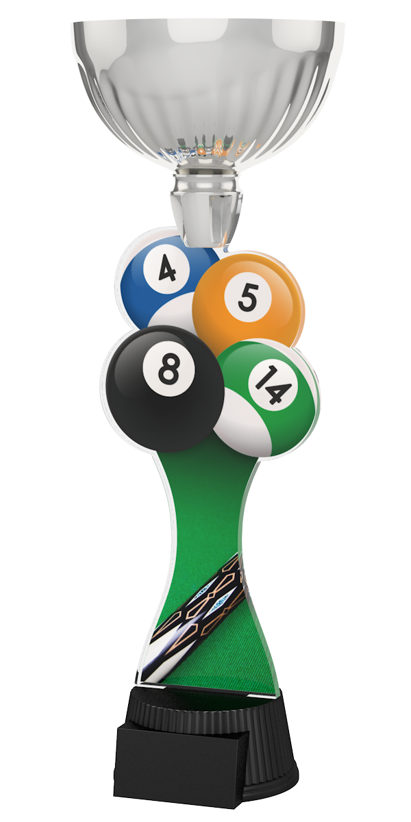 Edle Trophäe im Billard-Design mit Silberfarbenem Kelch, bunten Billardkugeln
(unter anderem der riegelartigen 8er-Kugel), grünem Schaft mit Billardqueue-
Motiv und schwarzem Sockelfür Gravuren. Perfekt für Auszeichnungen,
Ehrungen und  Billardturniere.