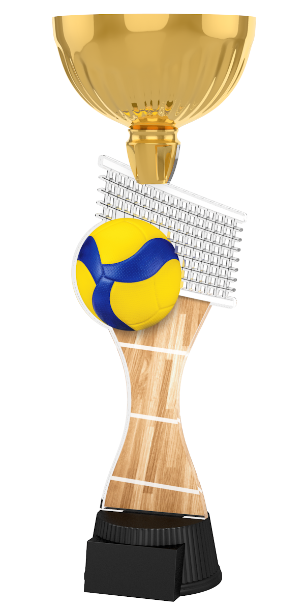 Acryl-Trophäe ACUPC 9 G Gold für Volleyball mit gelb-blauem Volleyball,
Volleyballnetz, Spielfeld in Holzoptik, eleganter goldener Schale und
schwarzem Gravursockel.