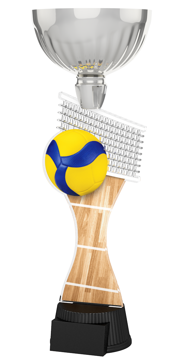 Acryl-Trophäe ACUPC 9 S Silber für Volleyball mit gelb-blauem Volleyball,
Volleyballnetz, Spielfeld in Holzoptik, eleganter Silberener Schale und
schwarzem Gravursockel.
