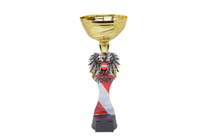 Pokal ACUPC Österreich Adler in Gold mit rot-weiß-rotem Wappenschild, österreichischem Adler-Motiv und schwarzem Sockel. Ideal als Auszeichnung für Staatsmeisterschaften und nationale Wettkämpfe.