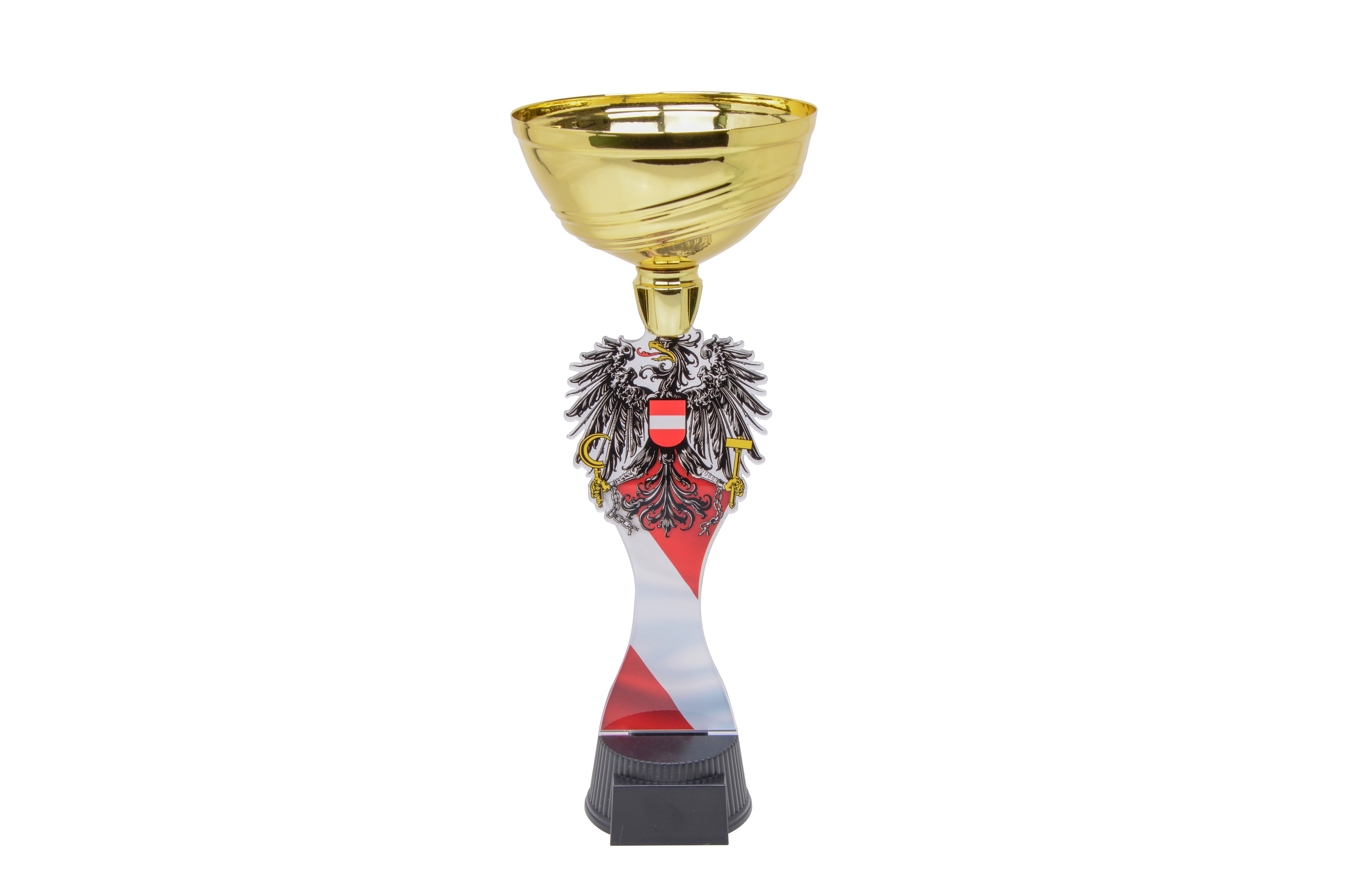 Pokal ACUPC Österreich Adler in Gold mit rot-weiß-rotem Wappenschild, österreichischem Adler-Motiv und schwarzem Sockel. Ideal als Auszeichnung für Staatsmeisterschaften und nationale Wettkämpfe.