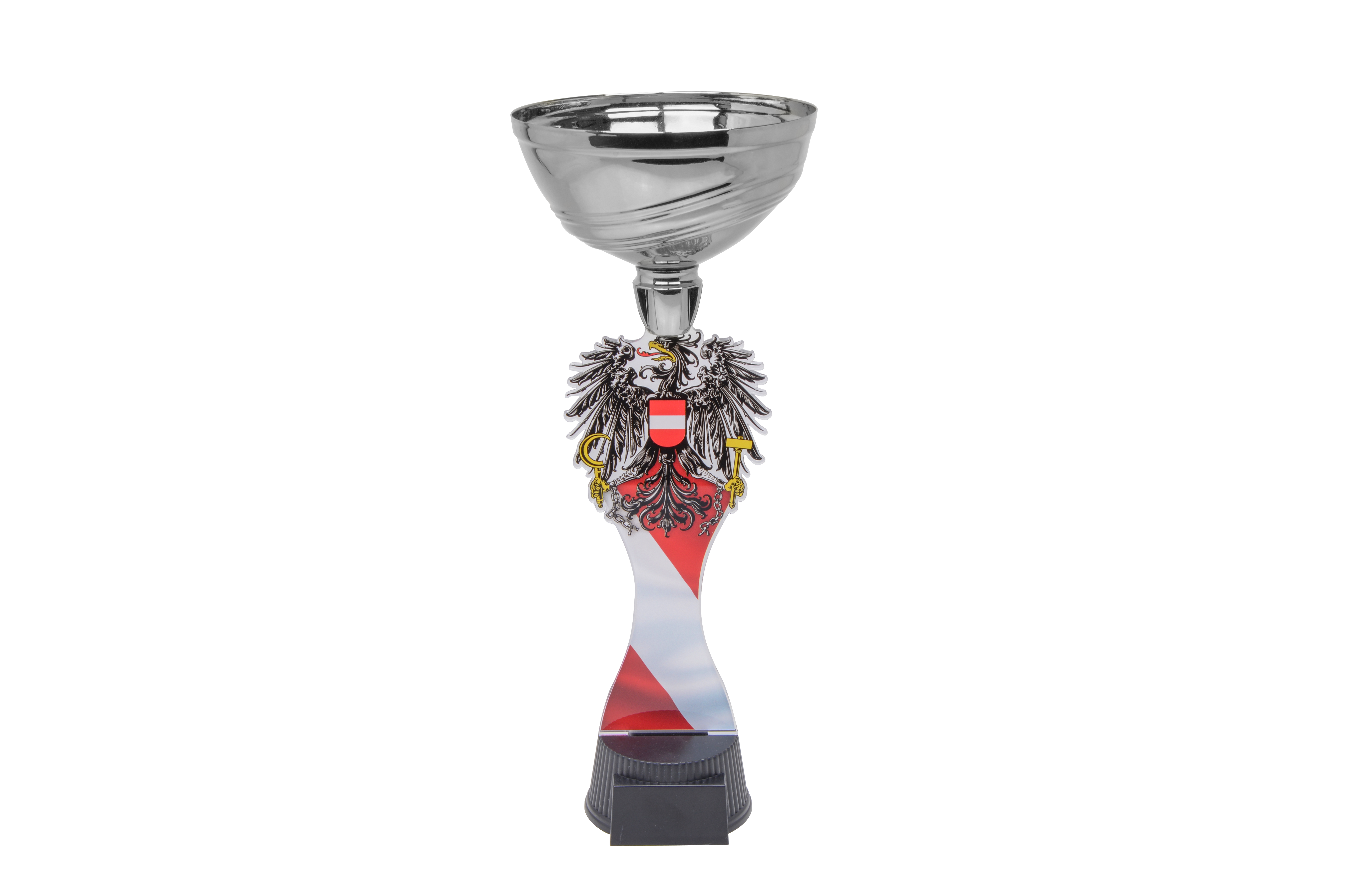 Pokal ACUPC Österreich Adler in Silber mit rot-weiß-roten Akzenten, österreichischem Adler-Motiv und schwarzem Sockel. Ideal als Auszeichnung für Sportevents und Ehrungen mit nationalem Bezug.