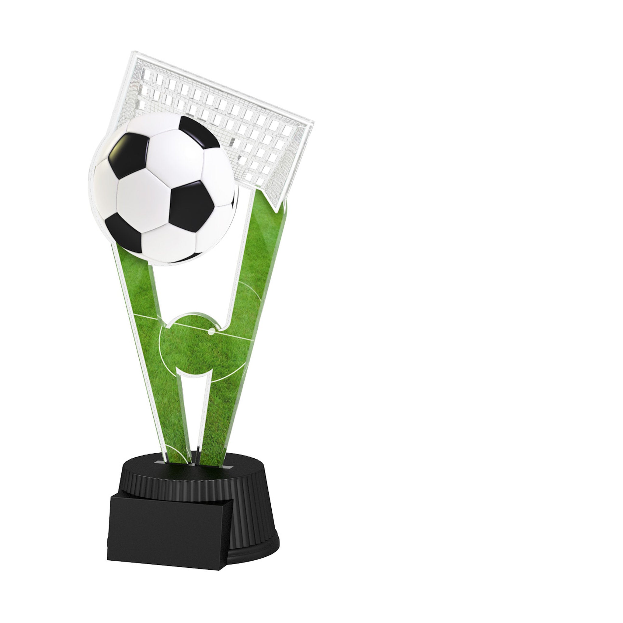 Bunter Acrylpokal mit schwarzem Sockel, grüner Spielfeldoptik, Fußball und Torwandmotiv.