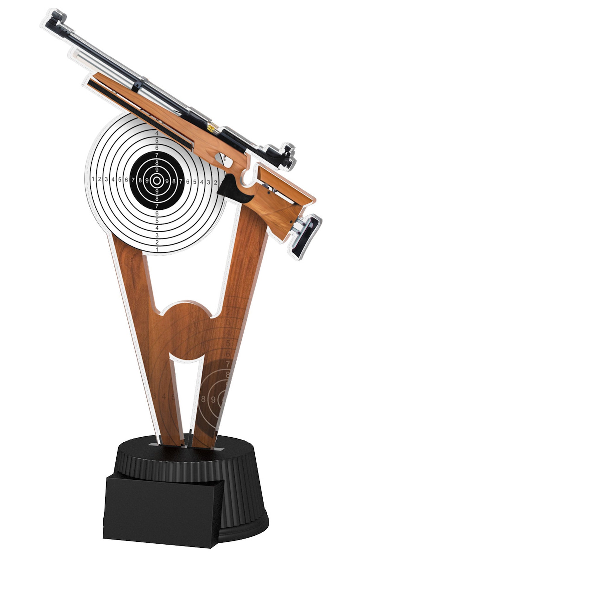 Acrylpokal mit schwarzem Sockel und Motivteil mit Zielscheibe und Gewehr.