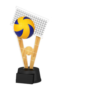 Acrylpokal mit schwarzem Sockel und Volleyballmotiv mit Ball und Netz.