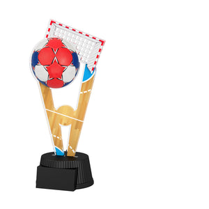 Acrylpokal mit schwarzem Sockel und Handballmotiv mit Ball und Torwand-/Netzmotiv.