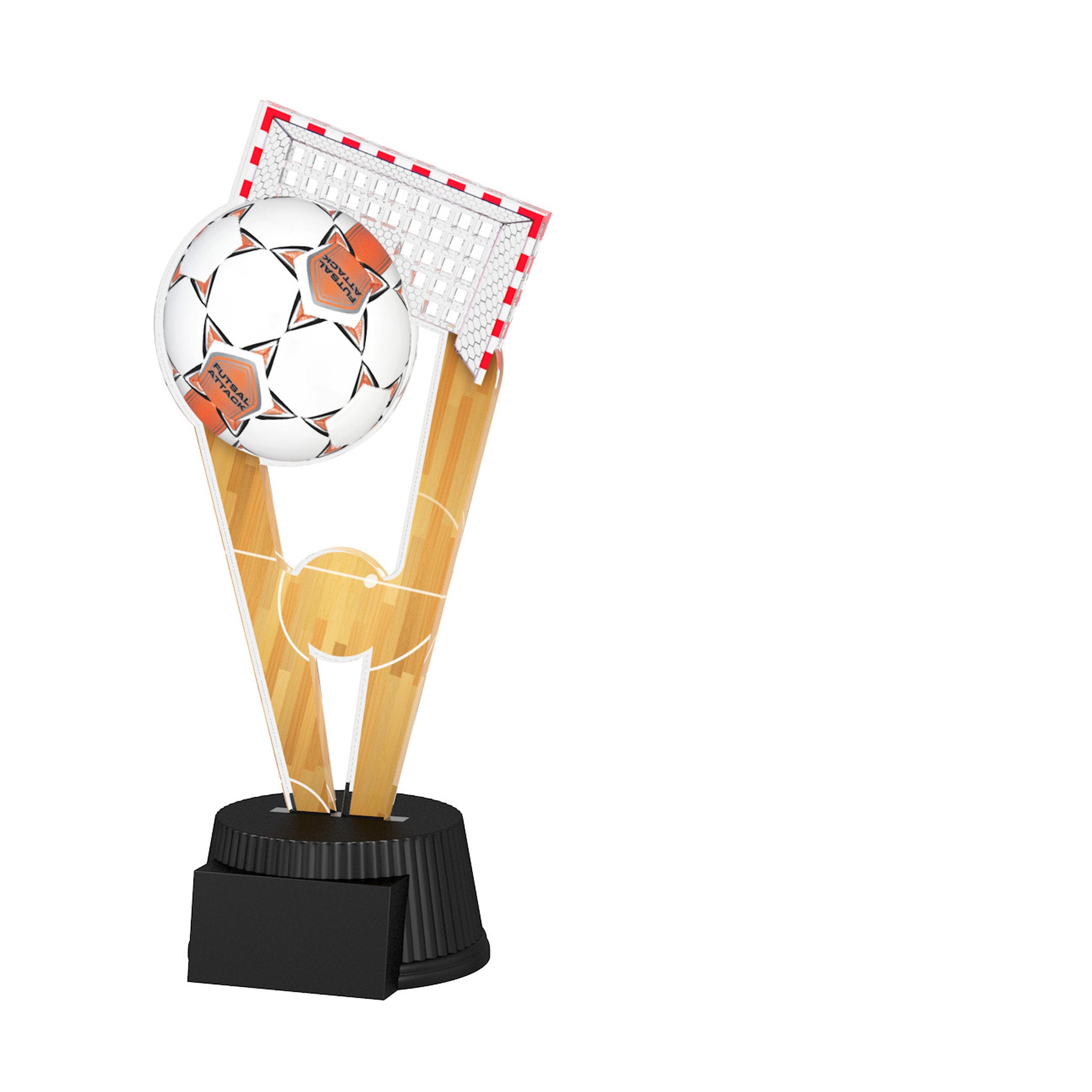 Acrylpokal mit schwarzem Sockel und Fußballmotiv mit Ball und Torwand-/Netzmotiv.