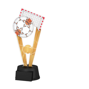 Acrylpokal mit schwarzem Sockel und Fußballmotiv mit Ball und Torwand-/Netzmotiv.