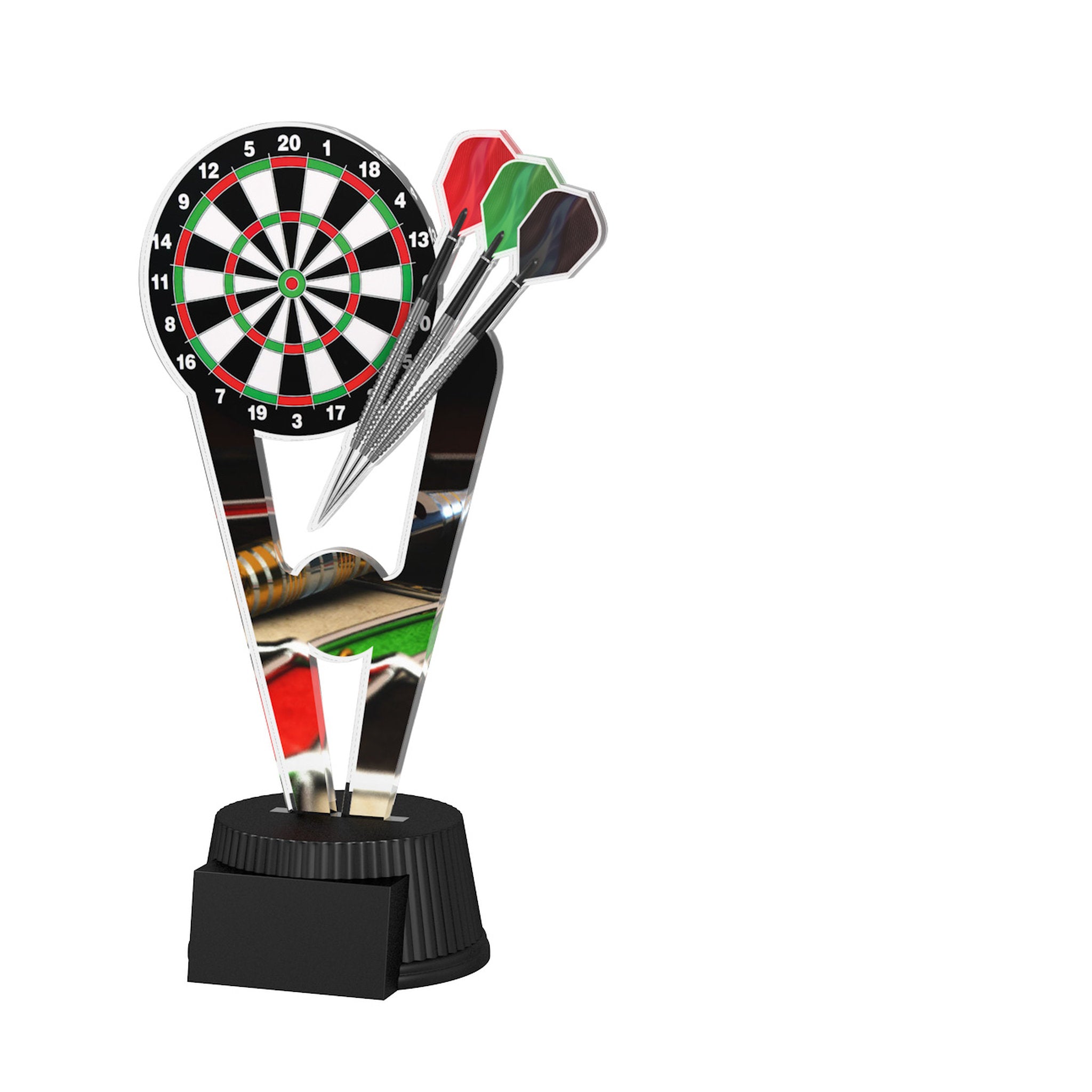 Acrylpokal mit schwarzem Sockel und Dartmotiv mit Dartscheibe und Pfeilen.