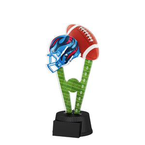 Acrylpokal mit schwarzem Sockel und American-Football-Motiv mit Helm und Ball.