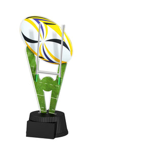 Acrylpokal mit schwarzem Sockel und Rugbyballmotiv.