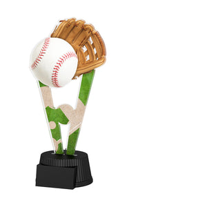 Acrylpokal mit schwarzem Sockel und Baseballmotiv mit Ball und Handschuh.