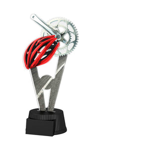 Acrylpokal mit schwarzem Sockel und Radsportmotiv mit Fahrradhelm und Zahnkranz.